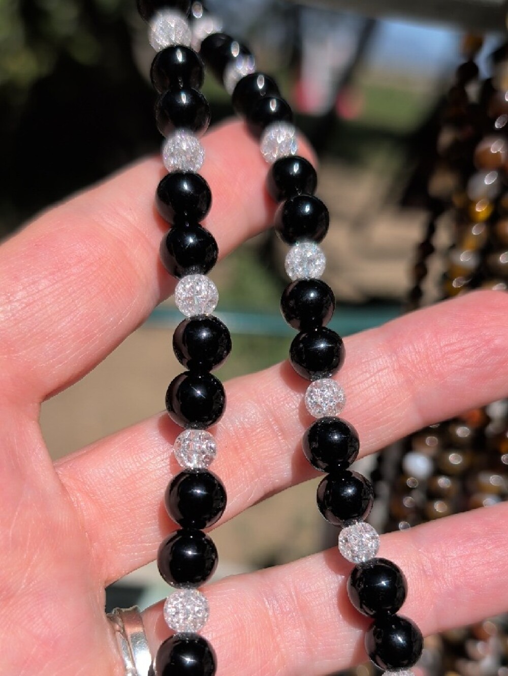 Black Beaded Necklace with White Stone Pendant - Picture 4 of 4